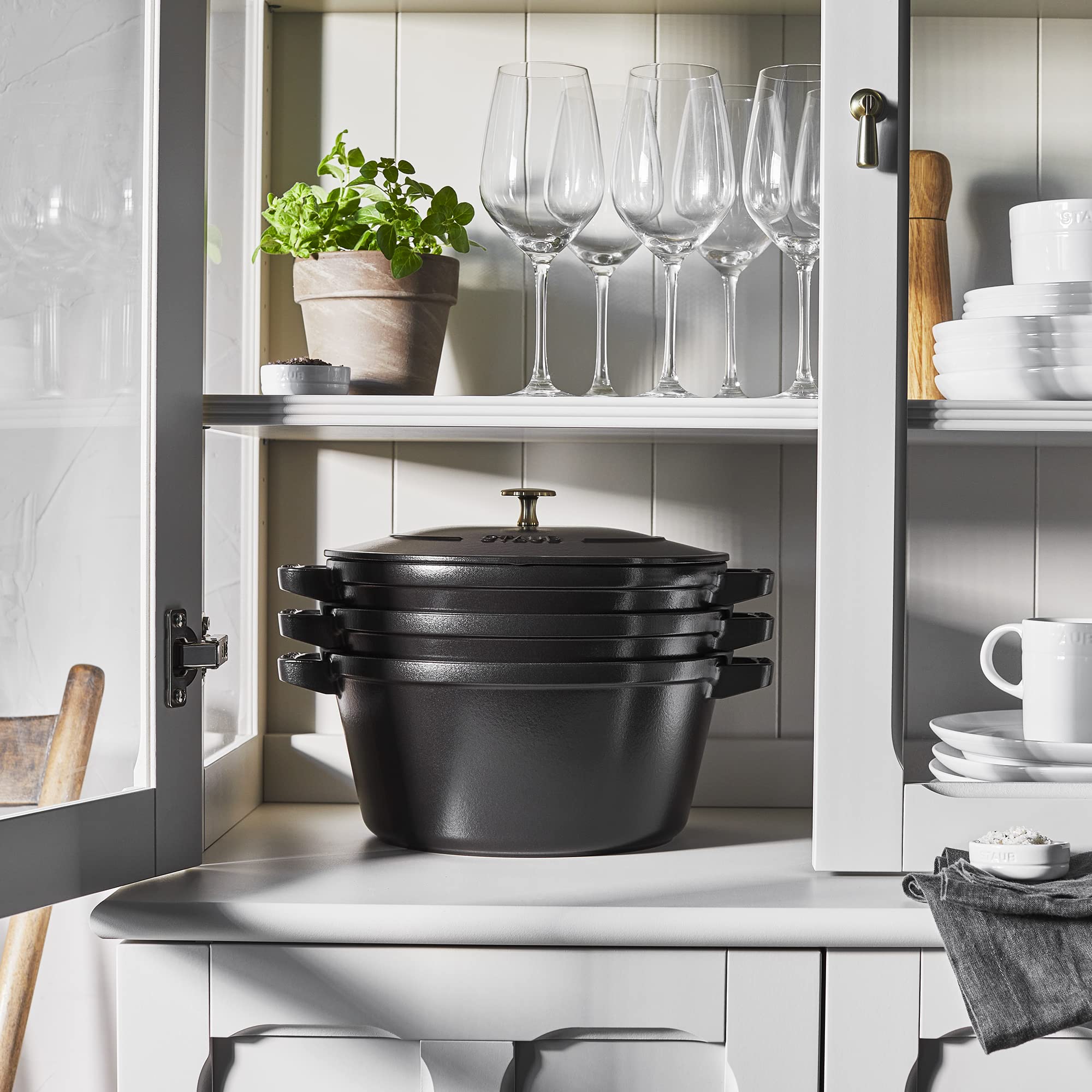 STAUB Cast Iron Set 4-pc, Stackable Space-Saving Cookware Set, Dutch Oven, Skillet, Grill Pan with Universal Lid, Made in France, Matte Black - Image 6