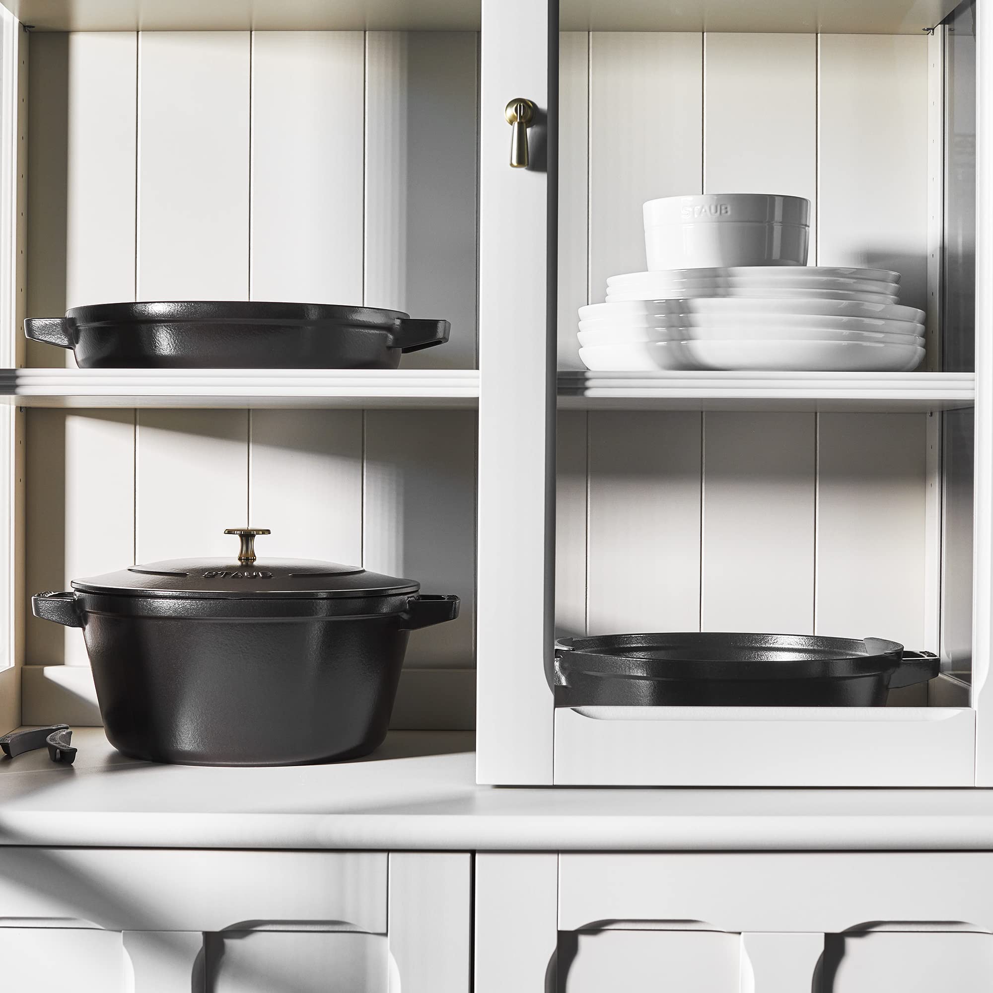 STAUB Cast Iron Set 4-pc, Stackable Space-Saving Cookware Set, Dutch Oven, Skillet, Grill Pan with Universal Lid, Made in France, Matte Black - Image 7