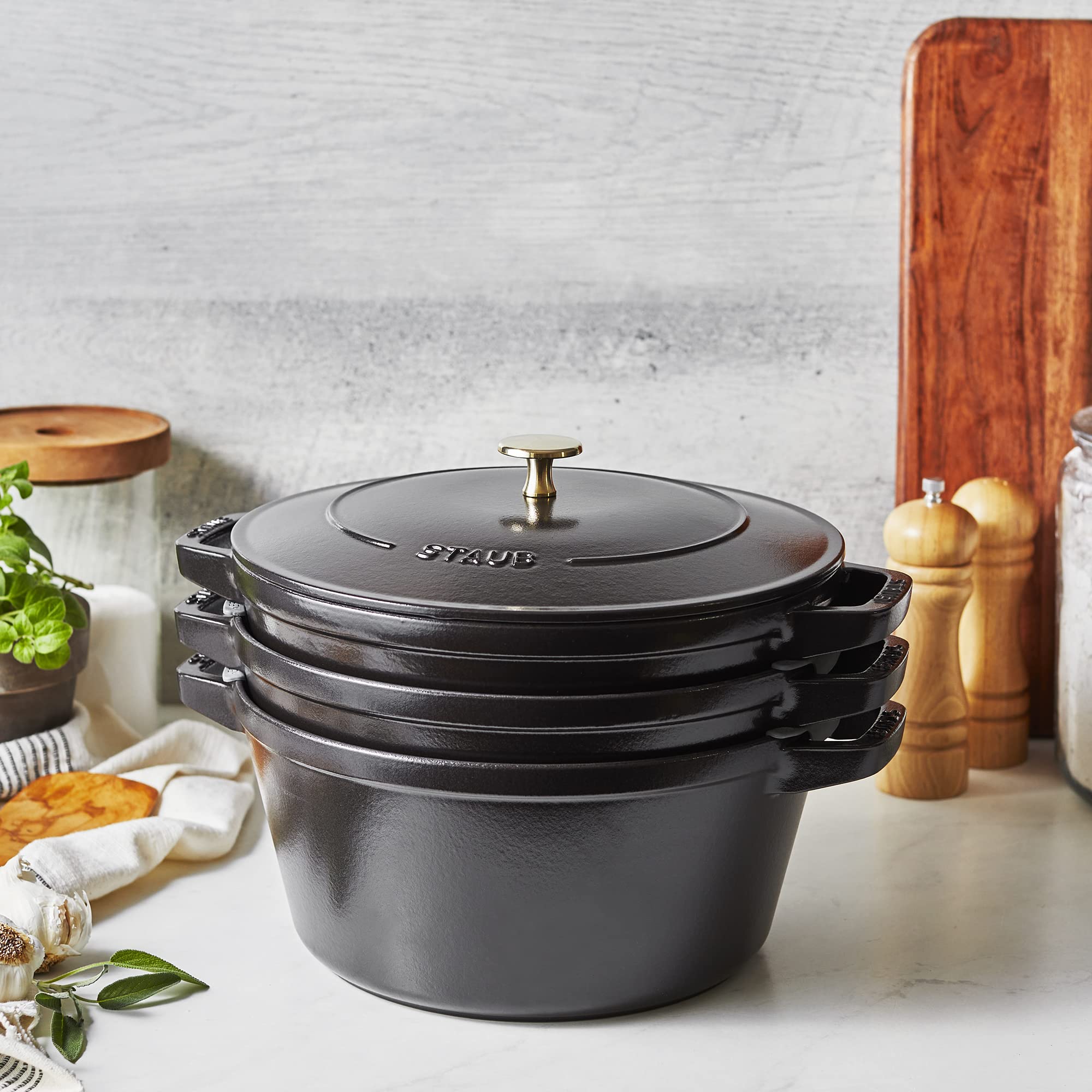 STAUB Cast Iron Set 4-pc, Stackable Space-Saving Cookware Set, Dutch Oven, Skillet, Grill Pan with Universal Lid, Made in France, Matte Black - Image 8