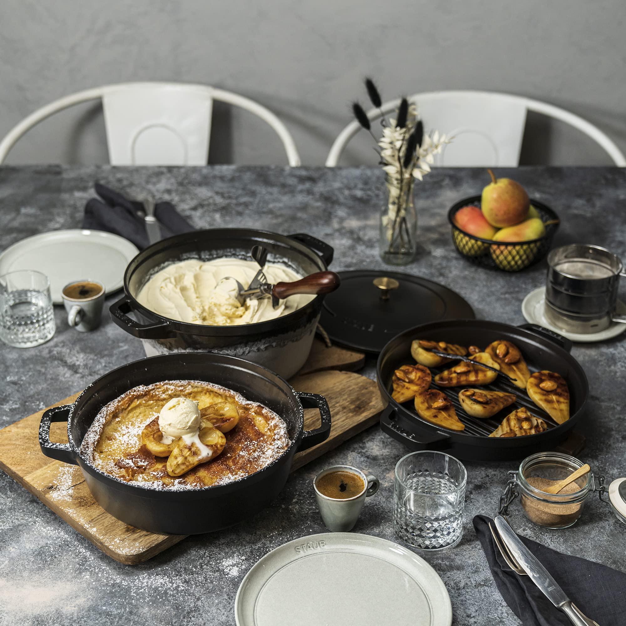 STAUB Cast Iron Set 4-pc, Stackable Space-Saving Cookware Set, Dutch Oven, Skillet, Grill Pan with Universal Lid, Made in France, Matte Black - Image 9