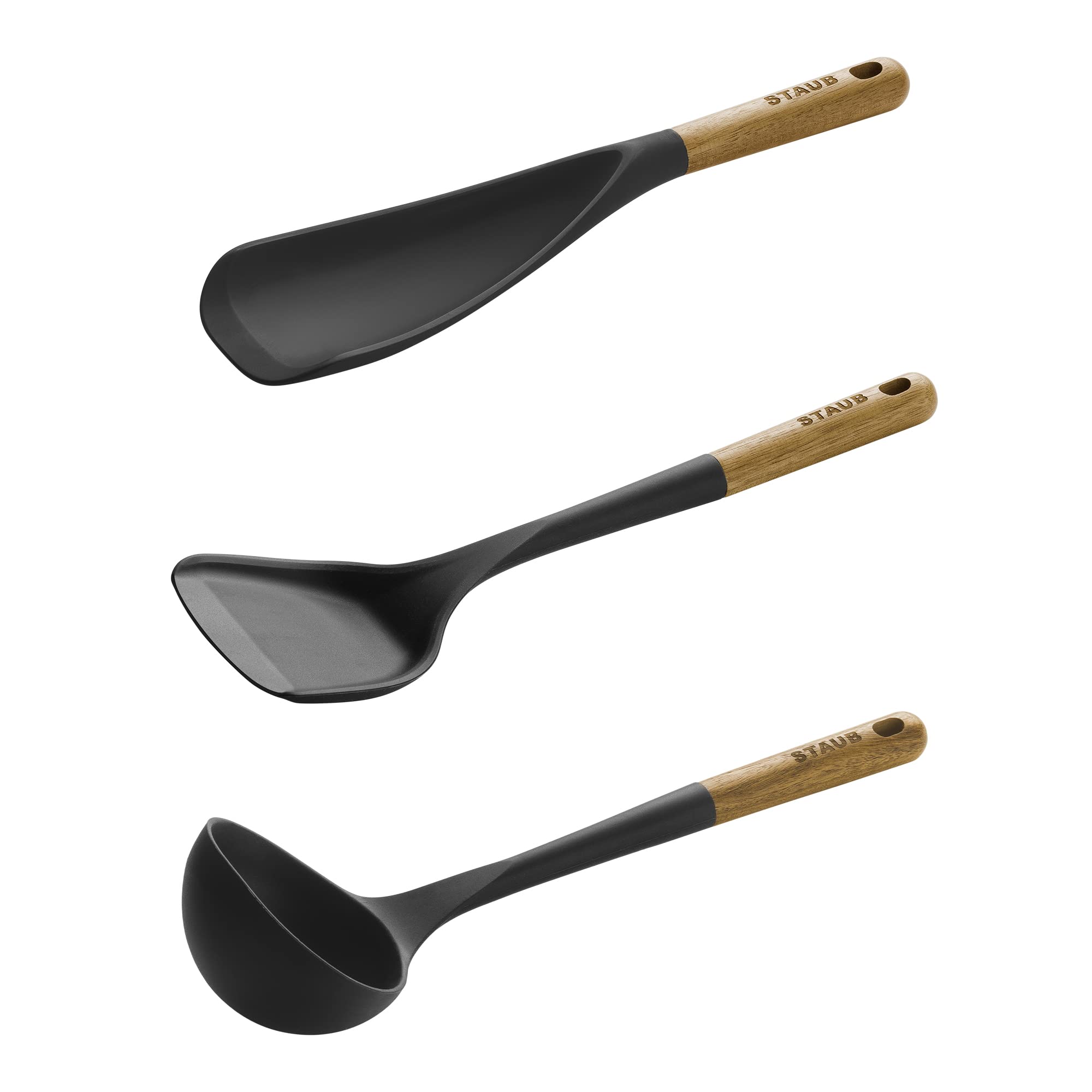 Staub Silicone with Wood Handle Cooking Utensil Set, Matte Black, 3-pc - Image 3
