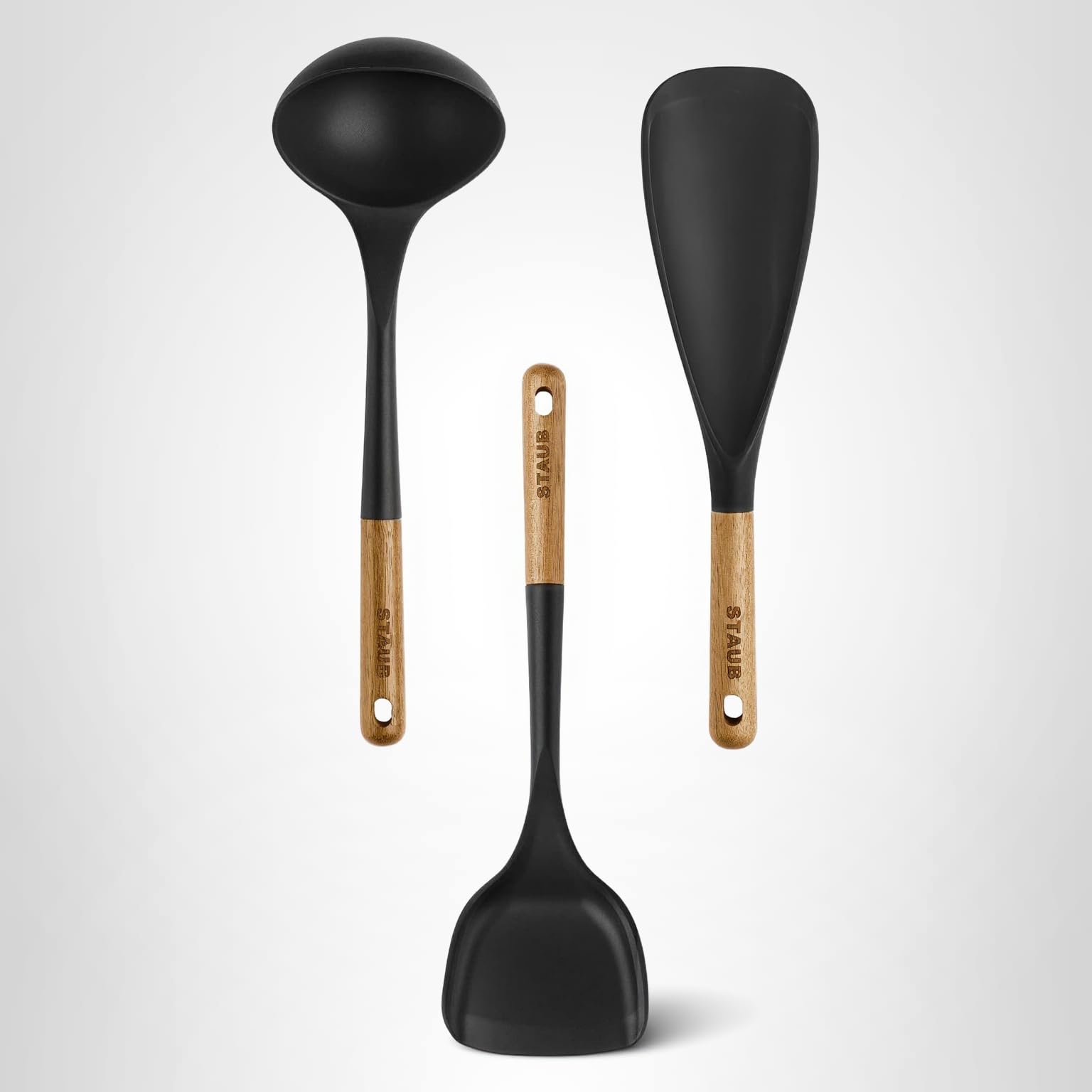 Staub Silicone with Wood Handle Cooking Utensil Set, Matte Black, 3-pc - Image 4