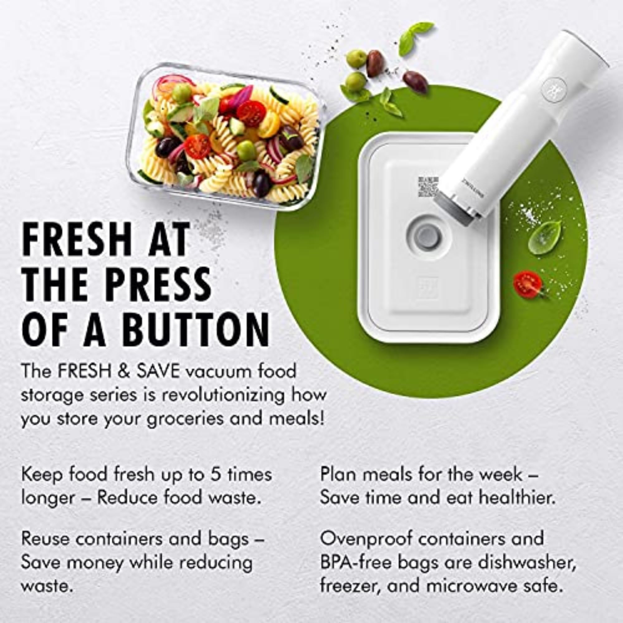 ZWILLING Fresh & Save Vacuum Sealer Machine 6-pc Starter Set, Airtight Food Storage Container, Reusable Sous Vide Bags, Meal Prep, BPA Free - Image 3