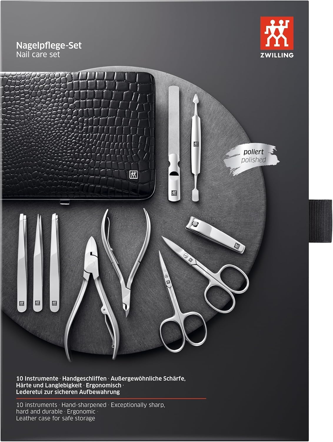 ZWILLING Manicure Set (10 piece, complete set for fingernails and toenails, genuine leather case with metal frame), Polished Stainless Steel, Crocodile Edition, Black - Image 6