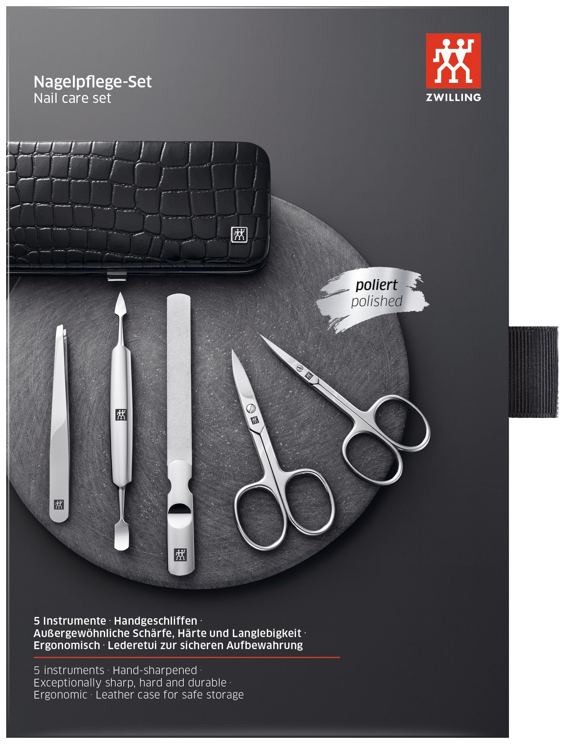ZWILLING Manicure Set (5 piece, for fingernail and toenail care, genuine leather case with metal frame), Polished Stainless Steel, Crocodile Edition, Black - Image 6